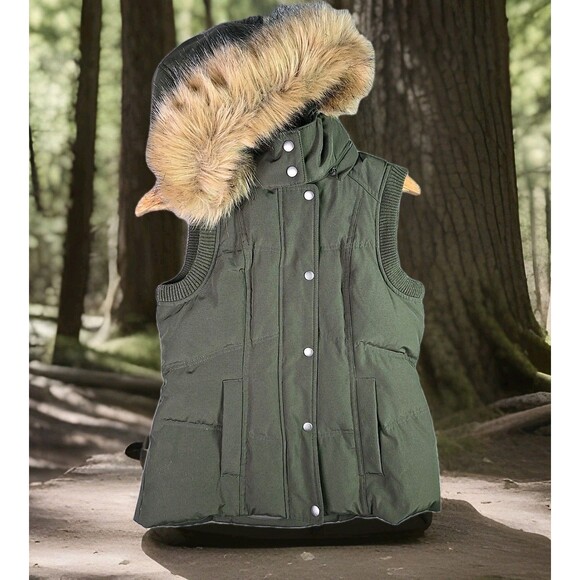 G.H. Bass Womens Puffer Vest S Green Down Feather Faux Detachable Fur Hood Warm - Picture 1 of 16